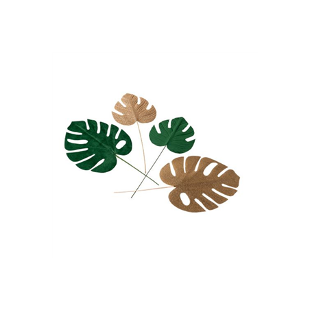 Lot de 4 Feuilles tropicales velours vert et or 15 x 36 / 20 x 37cm
