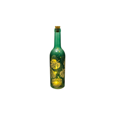 Bouteille en verre feuille tropicale 5 leds 7.3 x 30cm (prévoir 3 piles AAA)