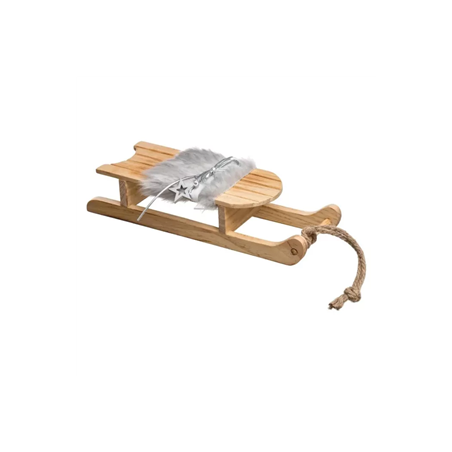 Luge en bois naturel et fourrure grise 9,5 x 6 x 30,5cm