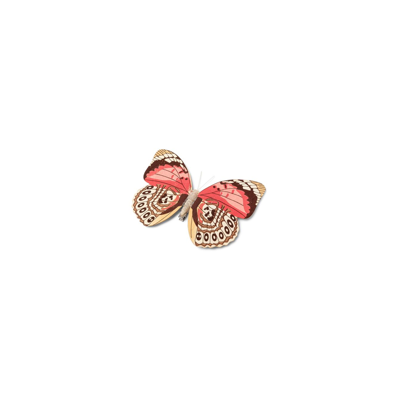 Papillon en bois marron et corail sur pince - 18cm