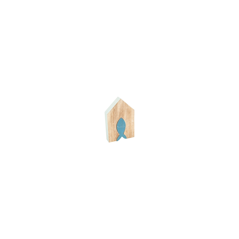 Maison en bois motif poisson bleu 15 x 9,5 x 2,5cm