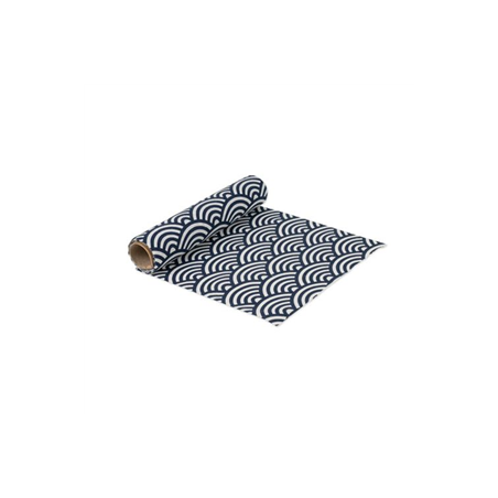 Chemin de table écailles effet lin marine et blanc 28cm x 5m