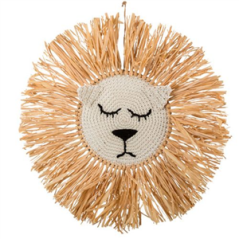 Suspension murale tête de lion raphia 45cm