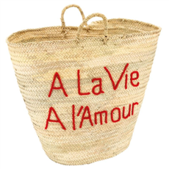 Panier en palmier tressé A la Vie, A l'Amour en laine rouge 70 x 55cm