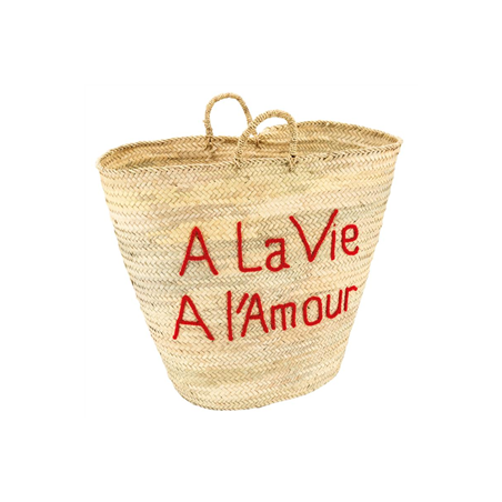 Panier en palmier tressé A la Vie, A l'Amour en laine rouge 70 x 55cm