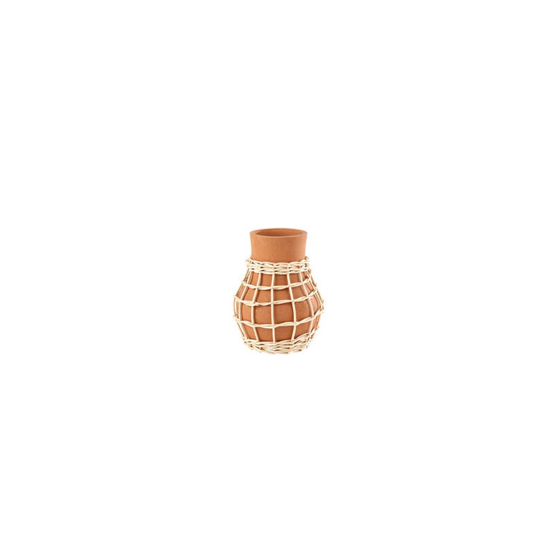 Pot en terre et rotin tresse 14 x 18cm