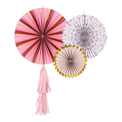 Lot de 3 Rosaces éventails roses en carton (diff. graphismes) 26 - 35 - 43cm