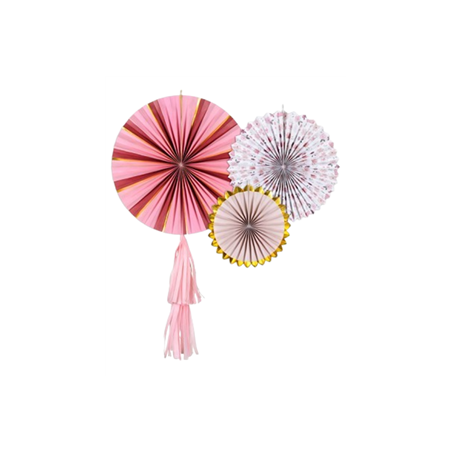 Lot de 3 Rosaces éventails roses en carton (diff. graphismes) 26 - 35 - 43cm