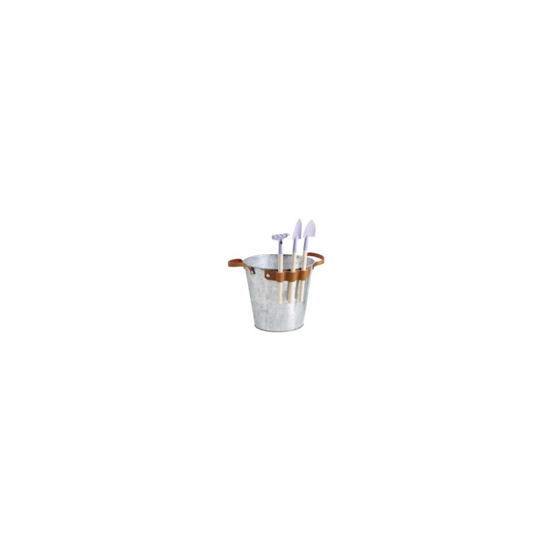 Cache pot en zinc anses en cuir + 3 accessoires de jardin  / H. 17,5 cm