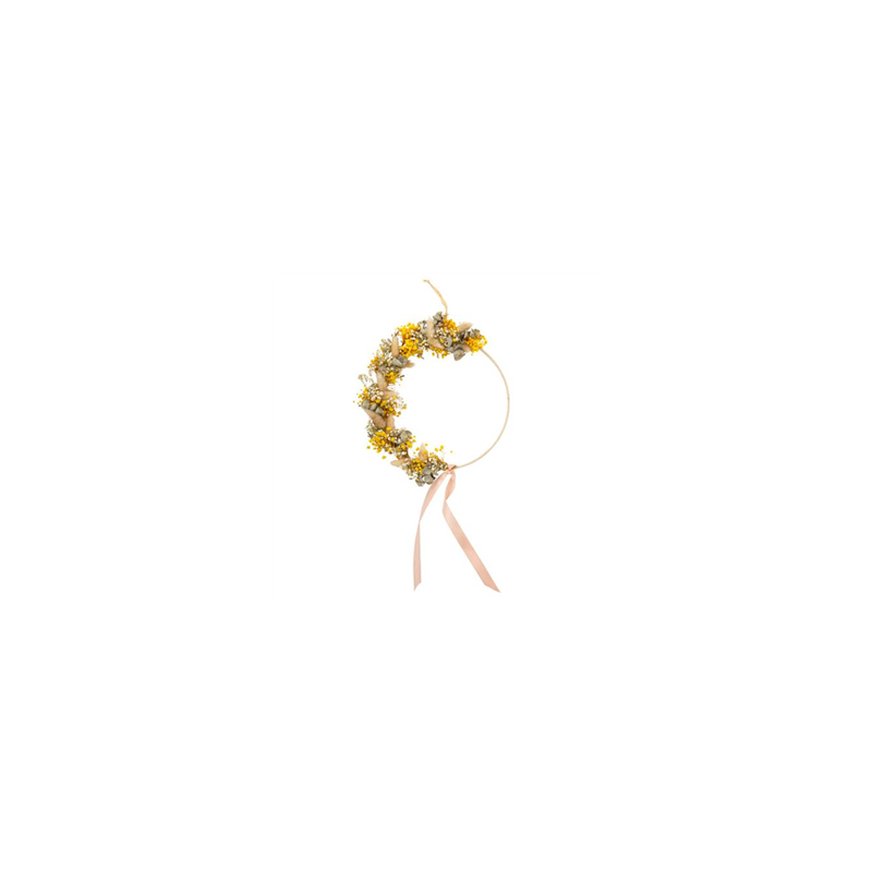 Couronne de fleurs séchées jaunes et ruban - Haut. 30cm