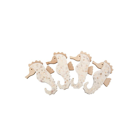 4 Déco hippocampes bois coquillages et sable irises 12 x 8cm