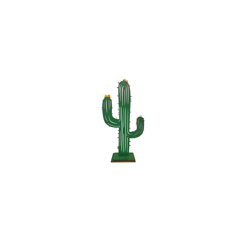 Cactus sur pied en bois pompons 16 x 30 cm
