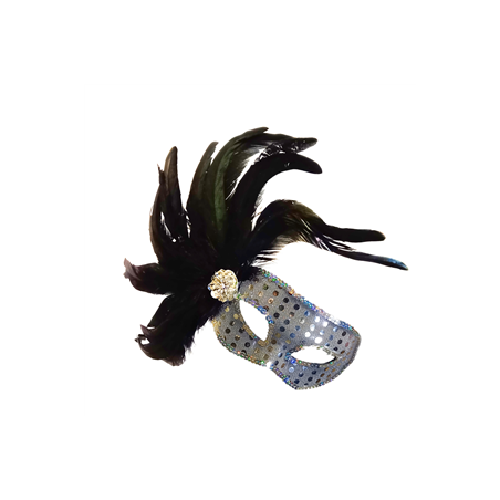 Masque vénitien à plumes -  tissu et paillettes - long 32 cm haut 20 cm