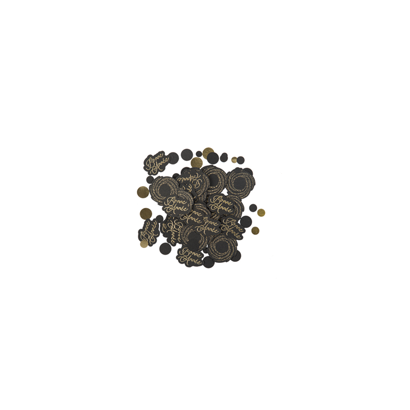 Lot de 100 confettis 'Bonne Année' noir et or 1 à 3,5cm