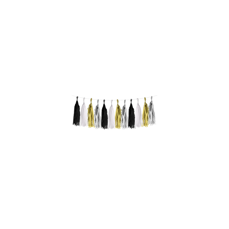 Guirlande Tassels 25cm noir blanc or argent - Long. 300cm