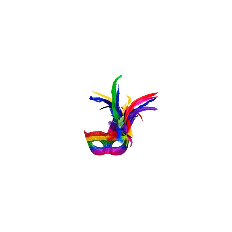 Masque carnaval multicolore avec plumes 34 cm pvc