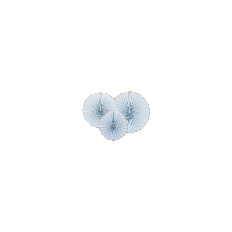 Lot de 3 éventails bleu pastel et or - carton 40-32-23cm