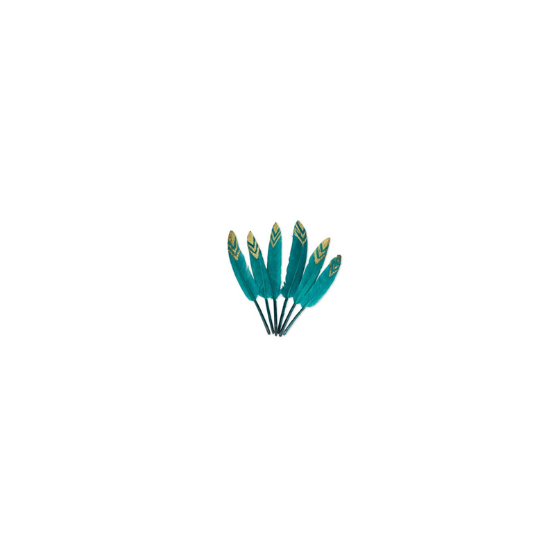 6 Plumes Éthnique Bleu Paon et Paillettes Or Env. 12/14cm