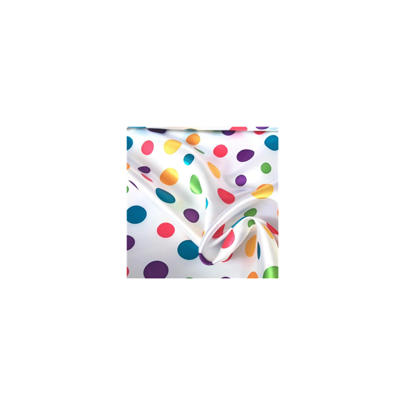 Tissu satin blanc à pois multicolores - Larg. 150cm (vendu au mètre)