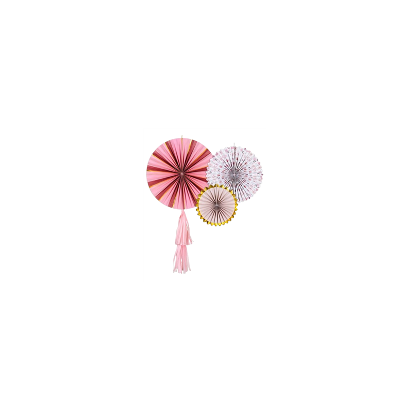 Lot de 3 Rosaces éventails roses en carton (diff. graphismes) 26 - 35 - 43cm