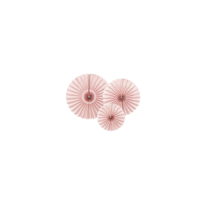 Lot de 3 Rosaces éventails rose pâle en carton 26 - 34 - 43cm