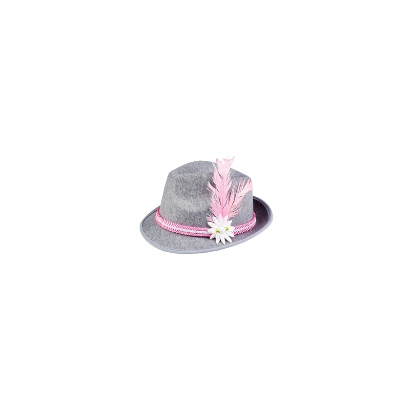 Chapeau tyrolien avec plume rose - Feutrine - hauteur 29 cm larg 24 cm
