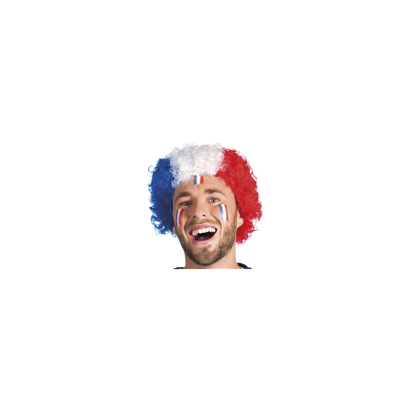 Perruque Bleu Blanc Rouge de supporter - Diam. 30cm