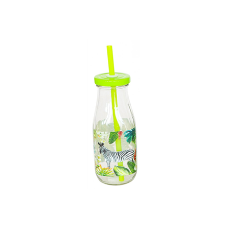 Bouteille savane en verre avec paille verte (2 modèles ass.) 19 cm (250 ml)