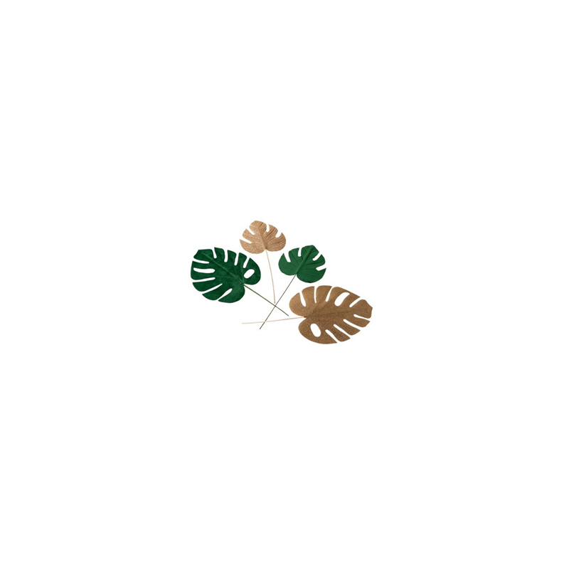 Lot de 4 Feuilles tropicales velours vert et or 15 x 36 / 20 x 37cm