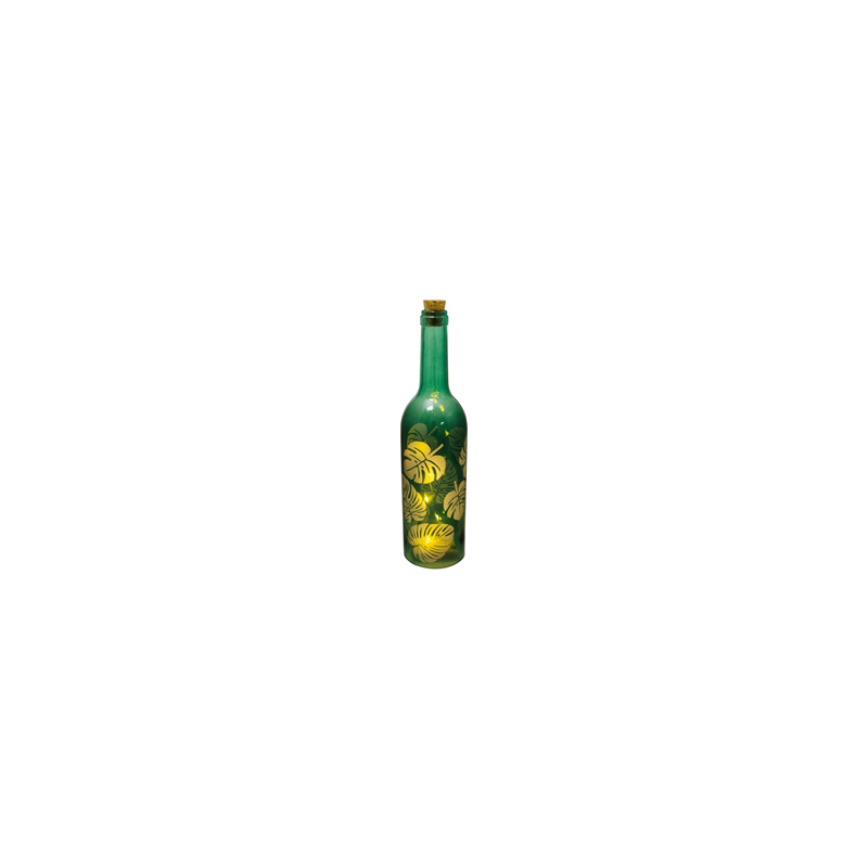 Bouteille en verre feuille tropicale 5 leds 7.3 x 30cm (prévoir 3 piles AAA)
