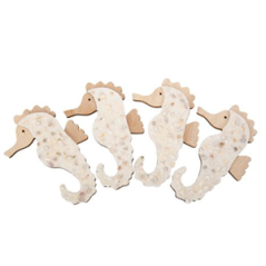 4 Déco hippocampes bois coquillages et sable irises 12 x 8cm