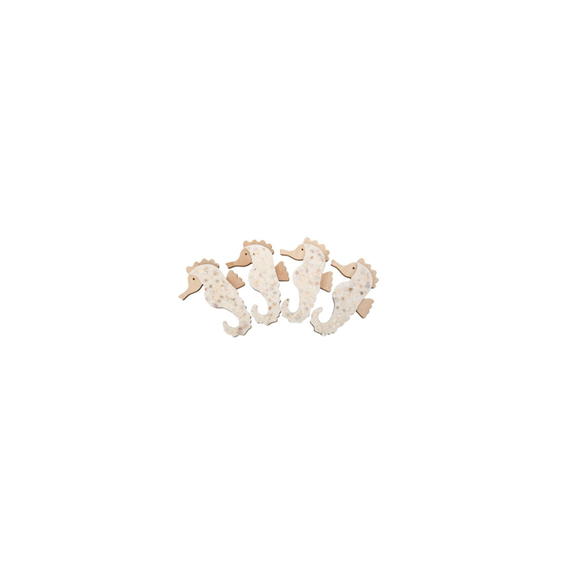4 Déco hippocampes bois coquillages et sable irises 12 x 8cm