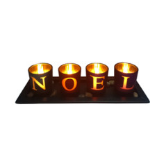 Photophores N. O. E. L. sur plateau bois, avec bougies électroniques - 26 x 7cm
