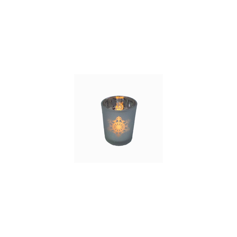 Photophore NOEL laqué ARGENT - FLOCONS - Verre - Diam 5cm - H 7,5cm AVEC BOUGIE