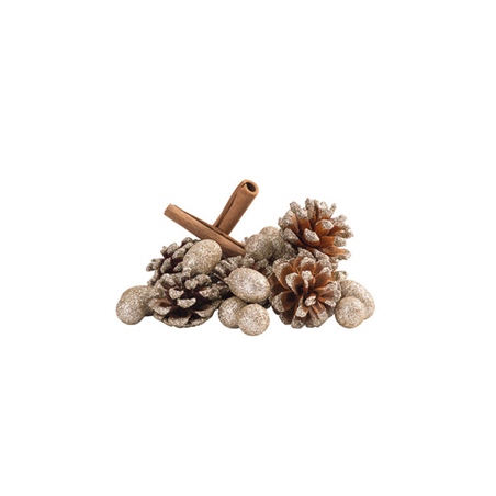Sachet de bâtons de cannelle et pommes de pins dorées