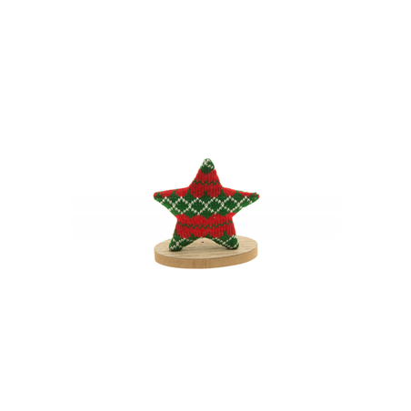 Étoile tricot Noël rouge et vert sur socle bois 7 X 11 X 12.5 cm
