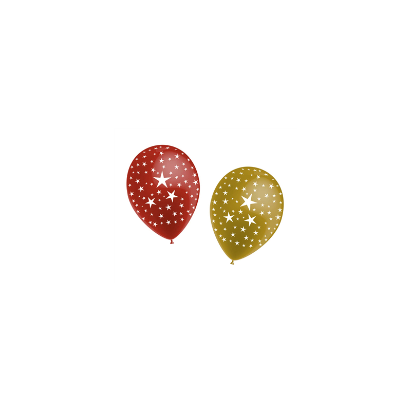 Ballon motif étoiles 4x OR et 4x rouges - Diam. 30cm
