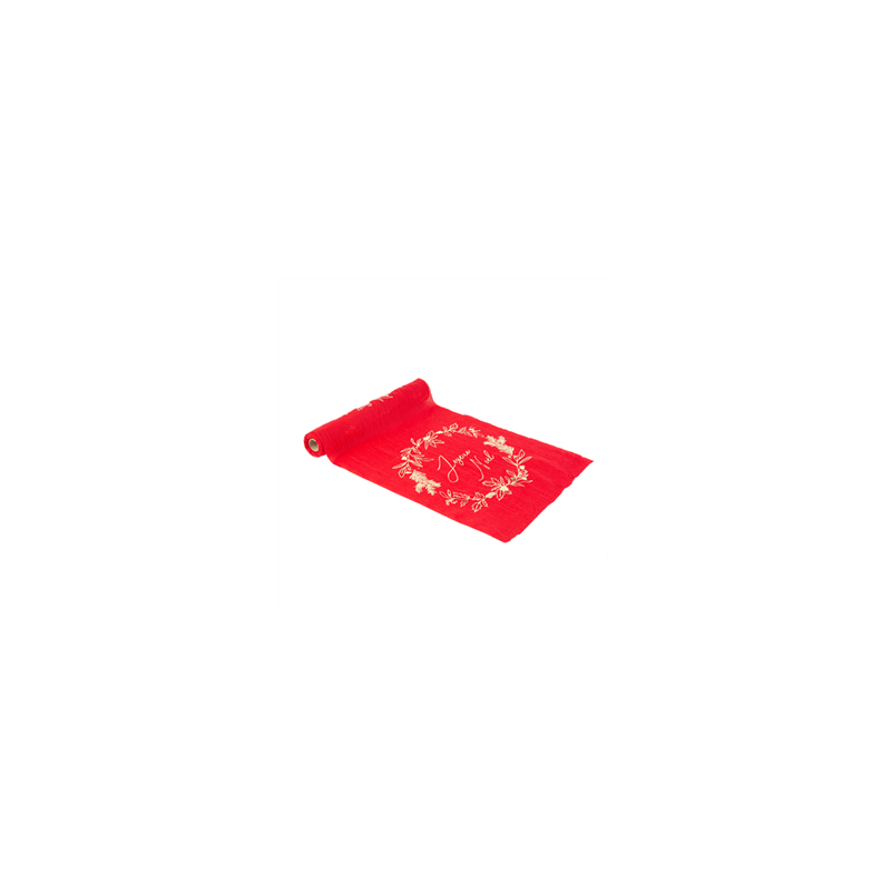 Chemin de table Joyeux Noël rouge et or mousseline 28cm x 3m