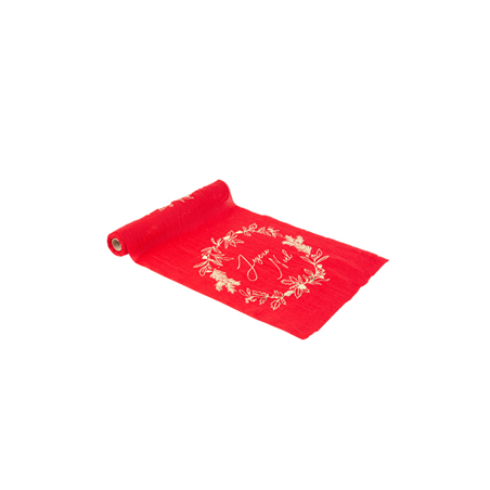 Chemin de table Joyeux Noël rouge et or mousseline 28cm x 3m