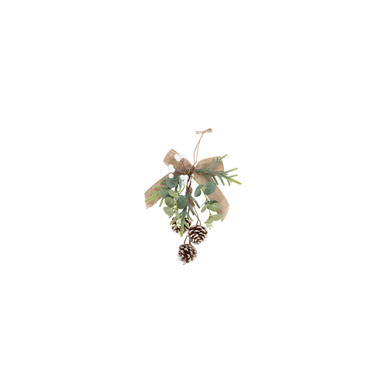 Déco à suspendre Nœud Jute Pomme de Pin Baies et Sapin, Naturel et Vert 24cm