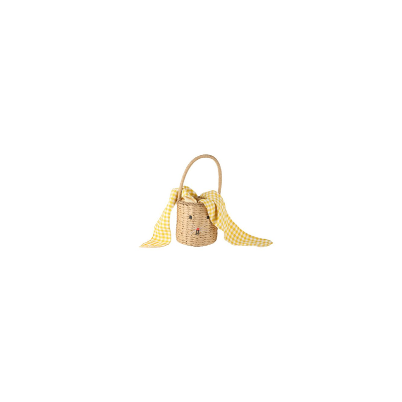 Panier Tressé Lapin Tissu Vichy et Pompon Jaune 15.5 x 34 cm