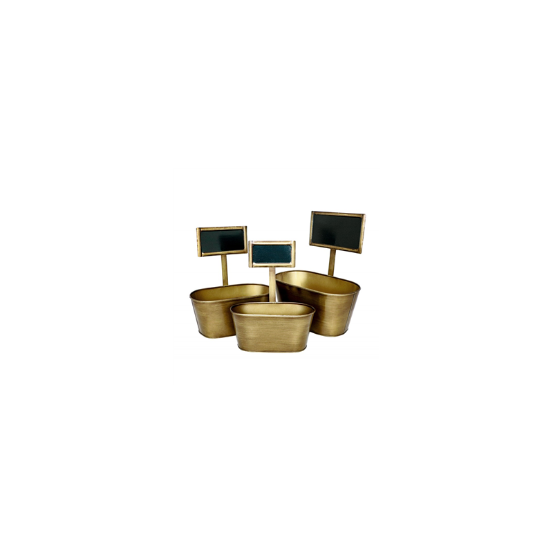 Lot de 3 pots en métal style laiton brun avec ardoises / GM 30 x 16 x 33 cm