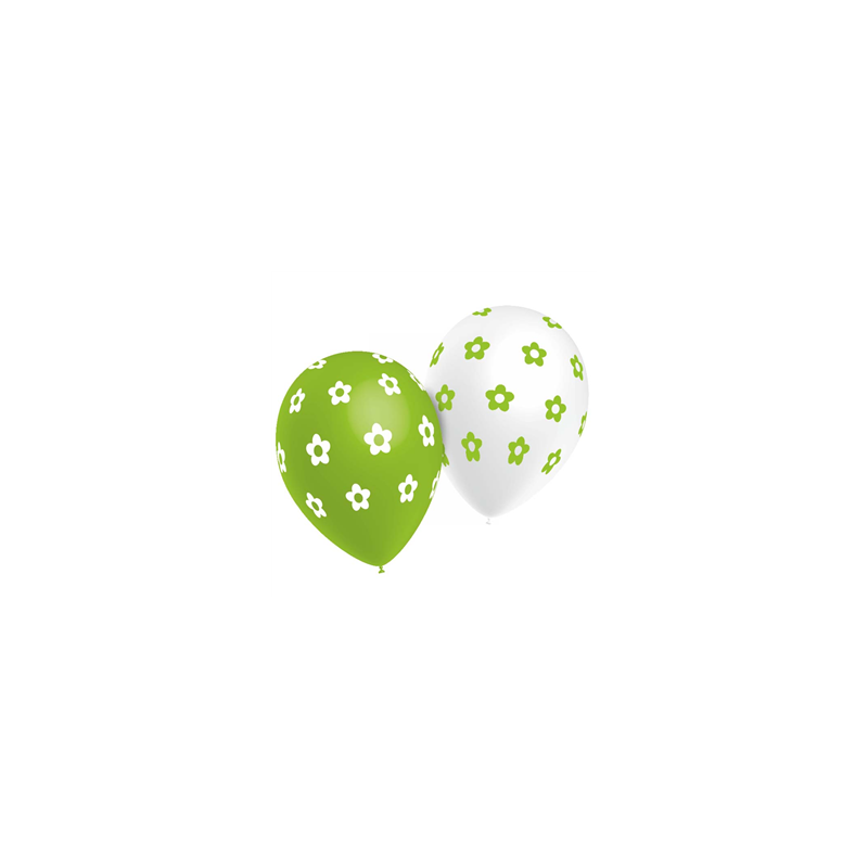 Ballons verts et blancs motif Fleurs x8 - Diam. 29cm