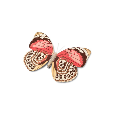 Papillon en bois marron et corail sur pince - 18cm