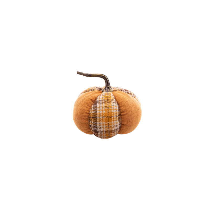 Citrouille en velours orange et carreaux 18 x 18cm