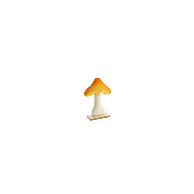 Champignon velours orange/jaune sur socle en bois 13,5 x 5 x 20cm
