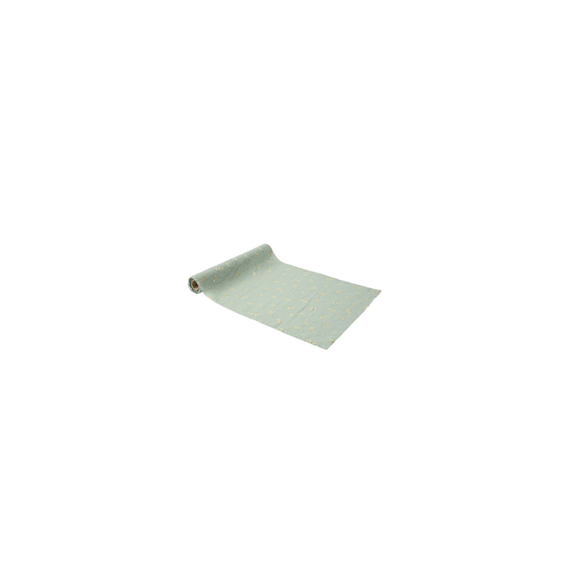 Chemin de table mousseline Vert Sauge et imprimés Or 28cm x 5m