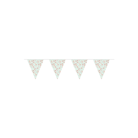 Guirlande fleurie Liberty vert/rose 10 fanions 20 x 30cm - papier Long. 420cm