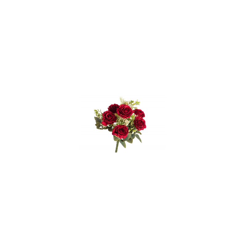 Bouquet de 6 Roses rouges avec feuillages - Haut. 43cm