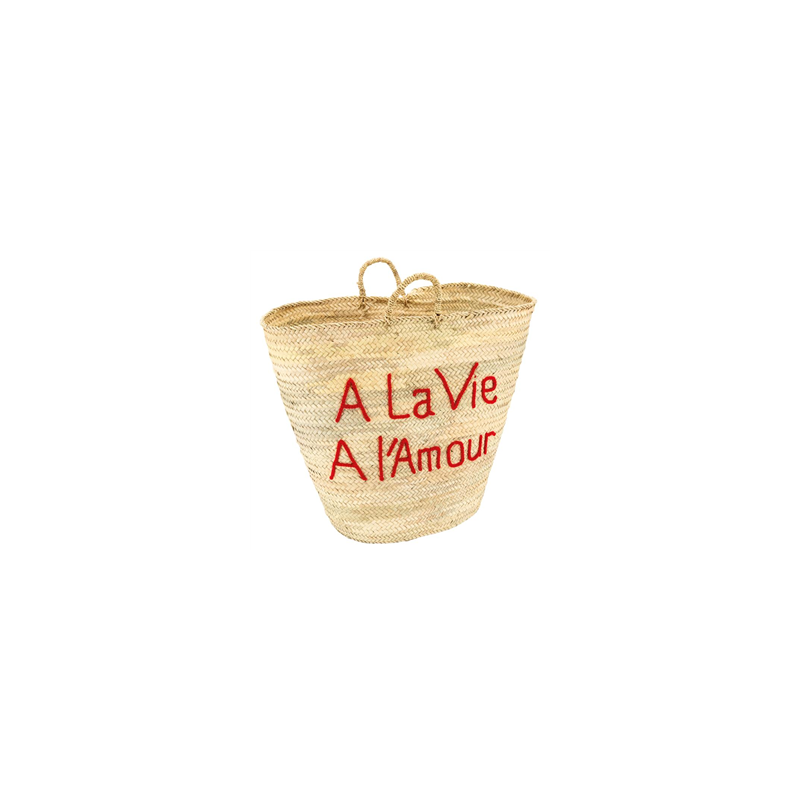 Panier en palmier tressé A la Vie, A l'Amour en laine rouge 70 x 55cm